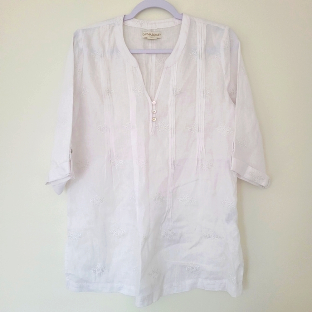 Cynthia Rowley 100% Linen Boho‎ Embroidered V neck 3/4 Sleeve Tunic Top S